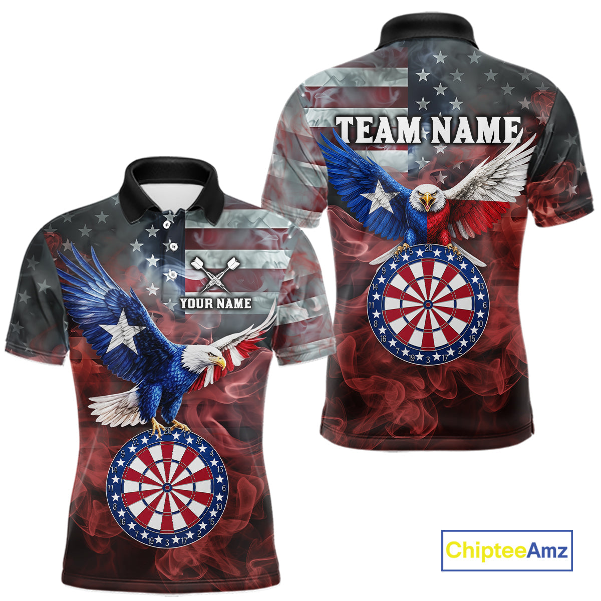 Red Grey Smoke Texas-Eagle Darts Team Shirt Custom US Flag Patriotic Dart Polo 1/4-Zip Jersey