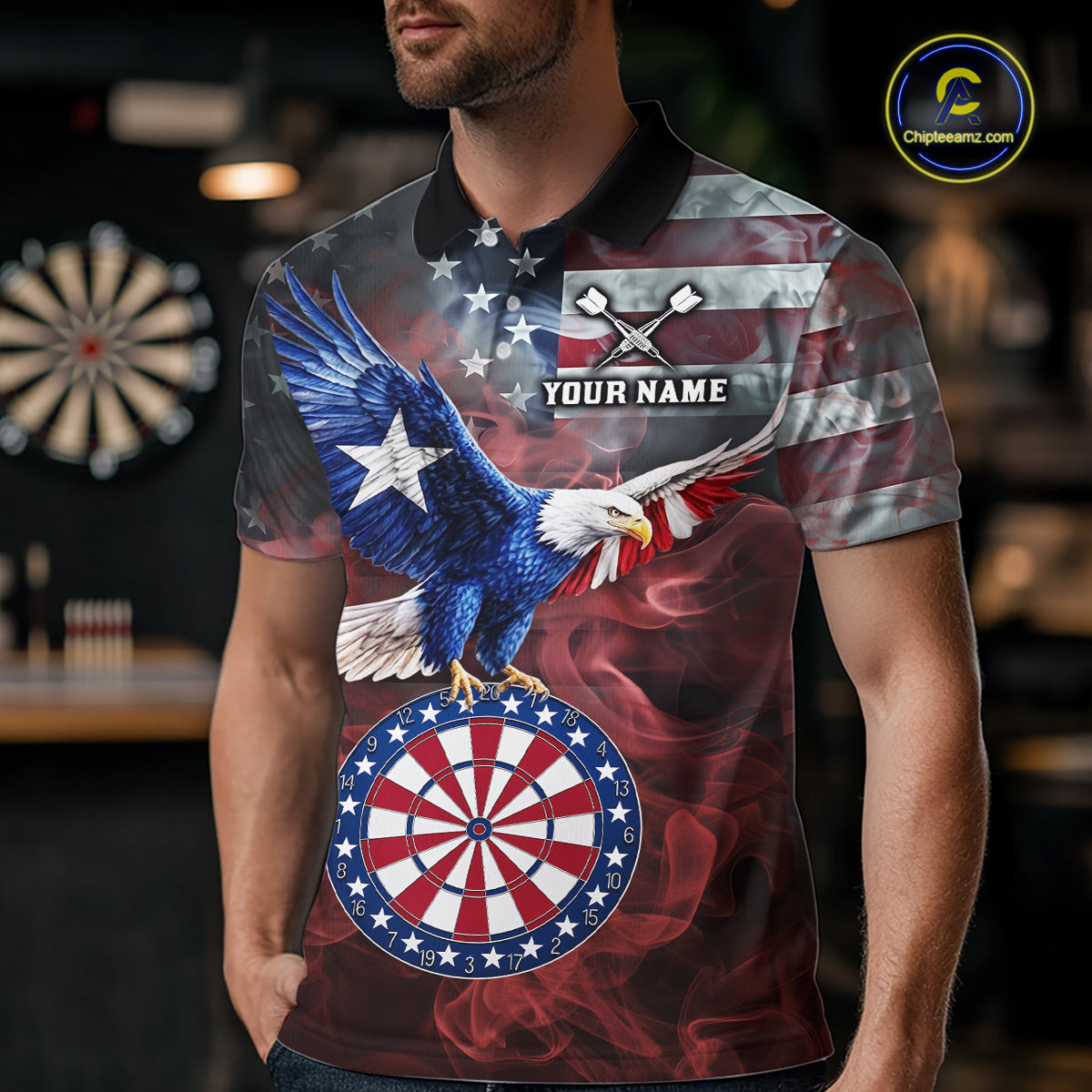 Red Grey Smoke Texas-Eagle Darts Team Shirt Custom US Flag Patriotic Dart Polo 1/4-Zip Jersey