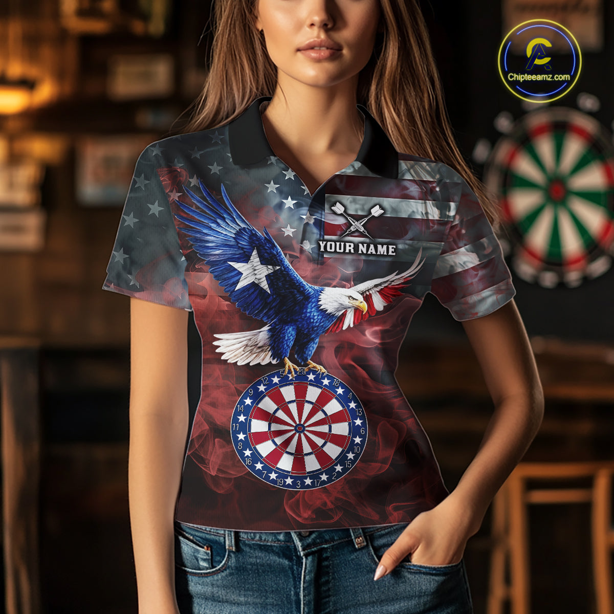 Red Grey Smoke Texas-Eagle Darts Team Shirt Custom US Flag Patriotic Dart Polo 1/4-Zip Jersey