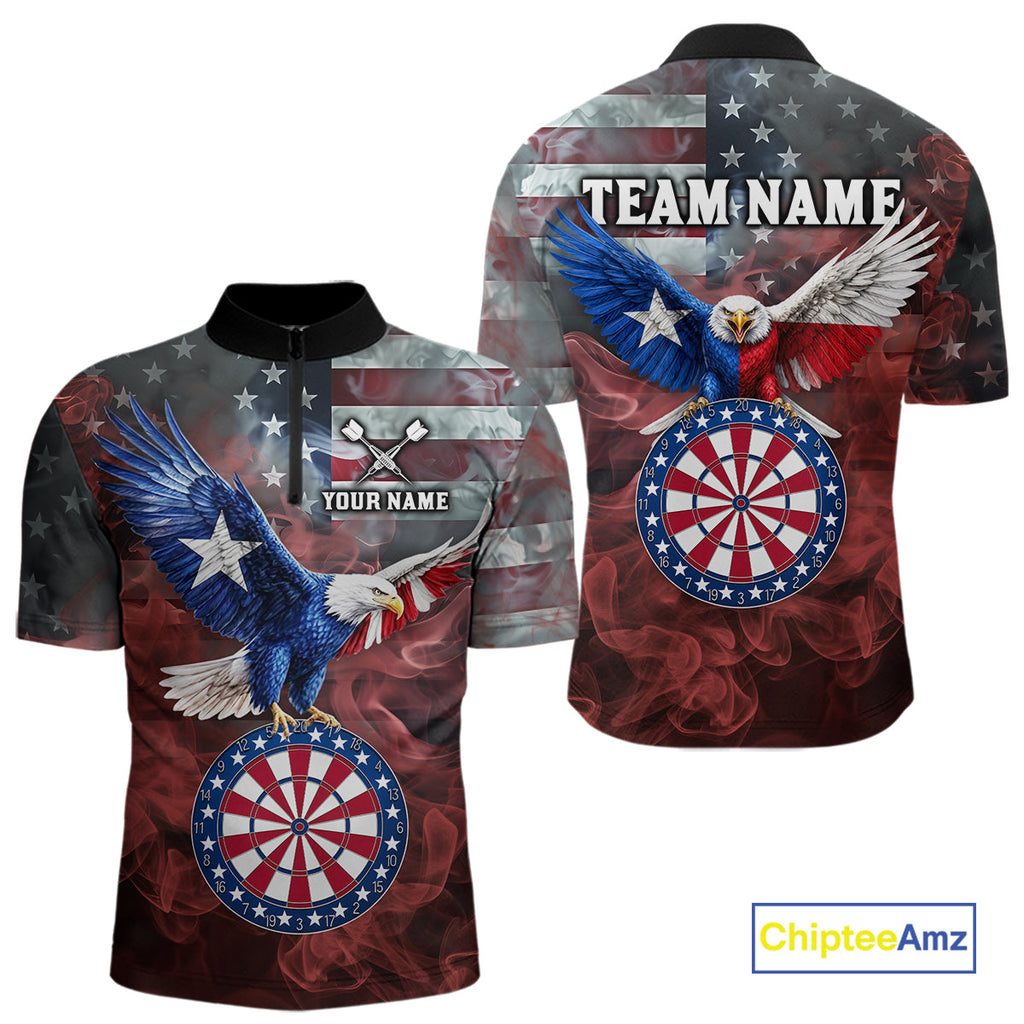 Red Grey Smoke Texas-Eagle Darts Team Shirt Custom US Flag Patriotic Dart Polo 1/4-Zip Jersey