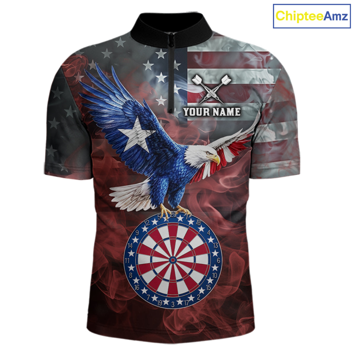 Red Grey Smoke Texas-Eagle Darts Team Shirt Custom US Flag Patriotic Dart Polo 1/4-Zip Jersey