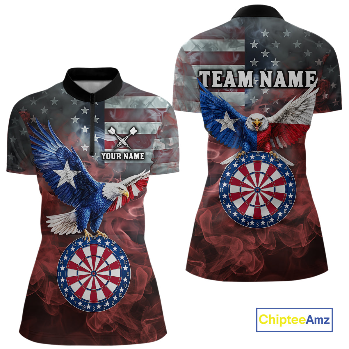 Red Grey Smoke Texas-Eagle Darts Team Shirt Custom US Flag Patriotic Dart Polo 1/4-Zip Jersey