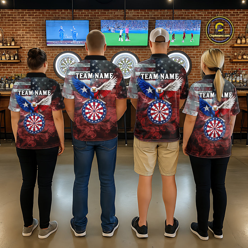 Red Grey Smoke Texas-Eagle Darts Team Shirt Custom US Flag Patriotic Dart Polo 1/4-Zip Jersey