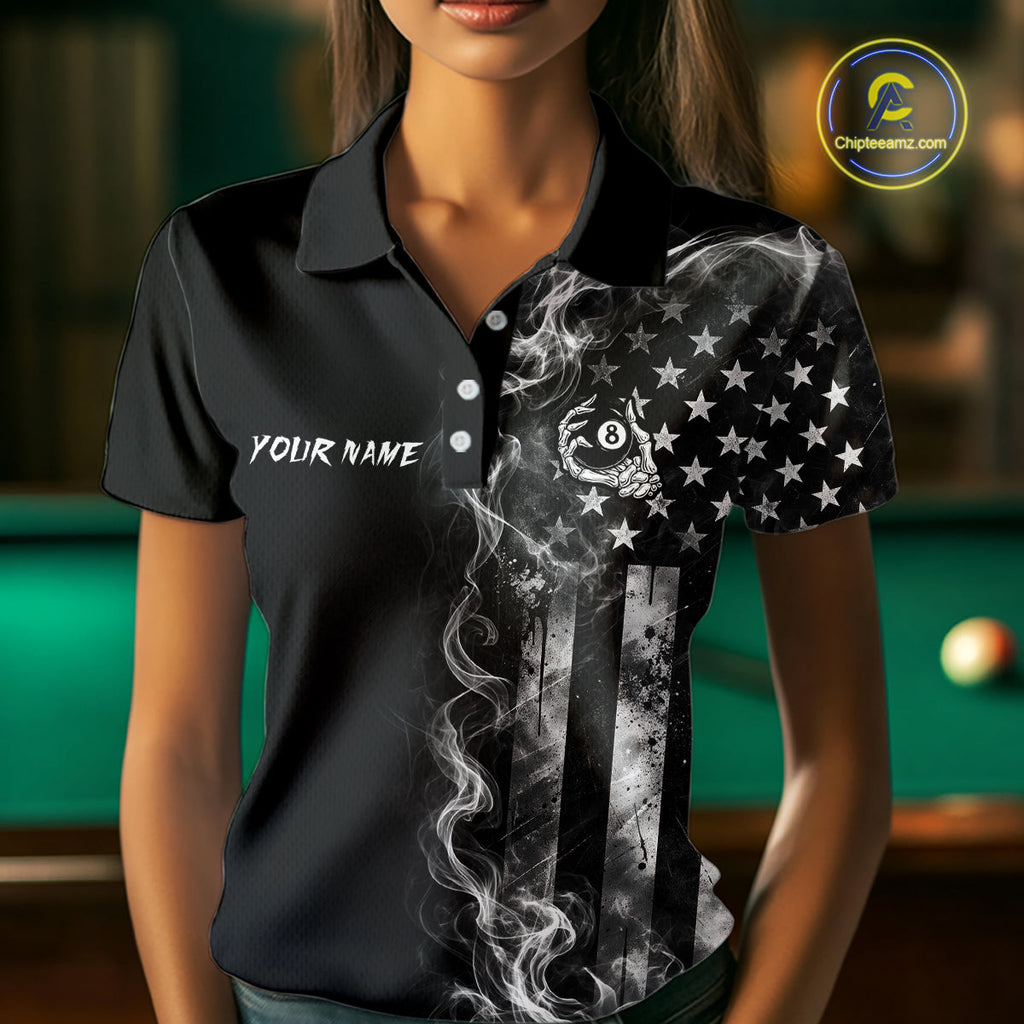 Smoke American Flag Billiard Pool Shirt Custom Skeleton 8 Ball Pool Team Appeal