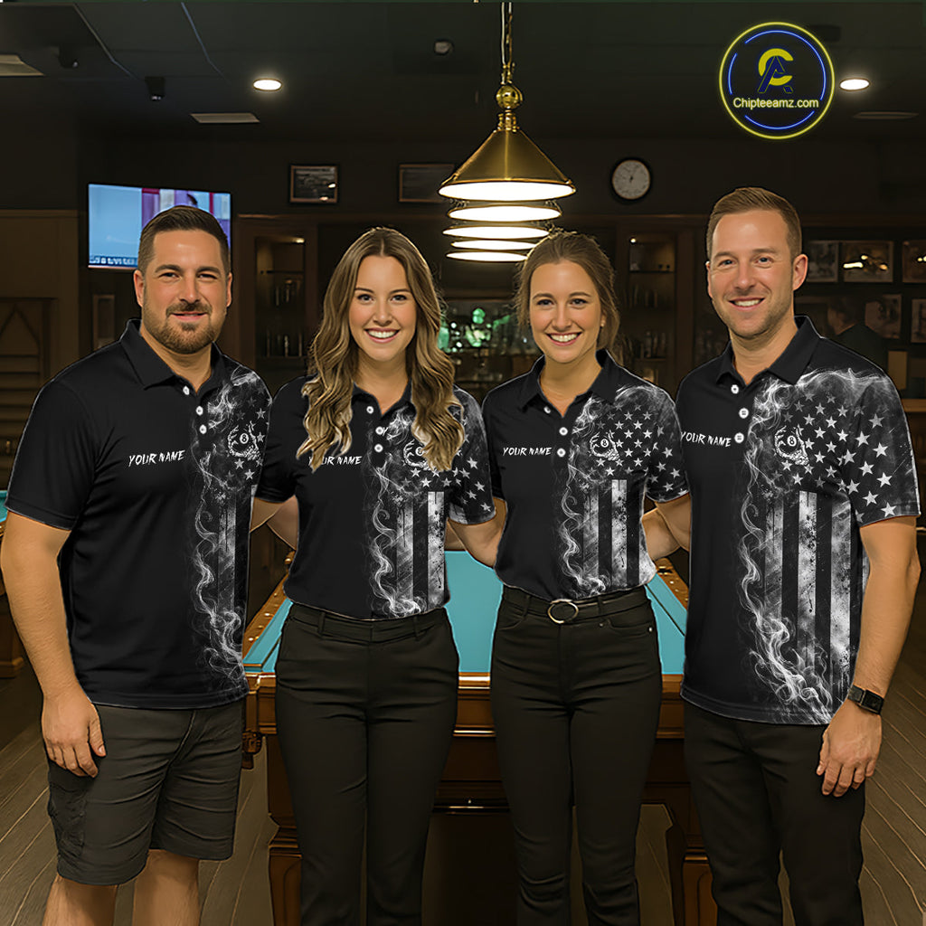 Smoke American Flag Billiard Pool Shirt Custom Skeleton 8 Ball Pool Team Appeal