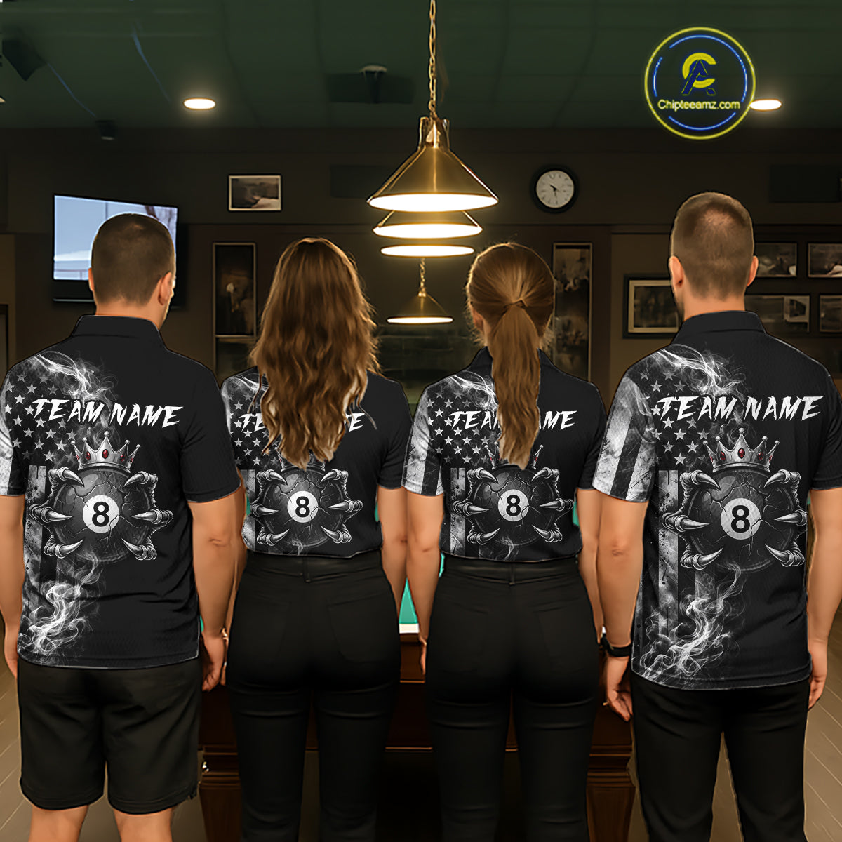Smoke American Flag Billiard Pool Shirt Custom Skeleton 8 Ball Pool Team Appeal