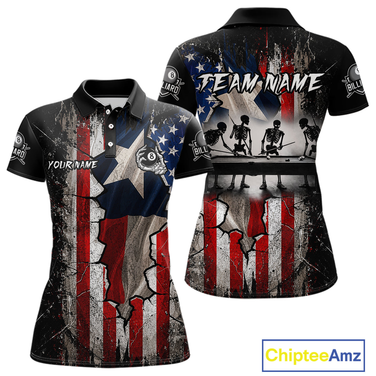 Texas Flag Billiard Pool Shirt Custom Skeleton 8 Ball Pool Team USA Patriotic Appeal