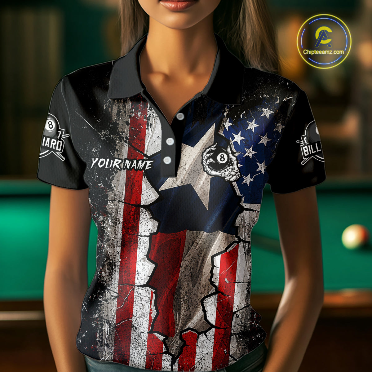 Texas Flag Billiard Pool Shirt Custom Skeleton 8 Ball Pool Team USA Patriotic Appeal