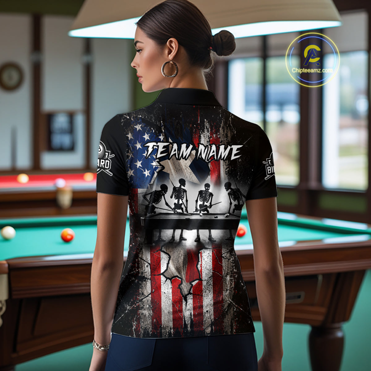 Texas Flag Billiard Pool Shirt Custom Skeleton 8 Ball Pool Team USA Patriotic Appeal
