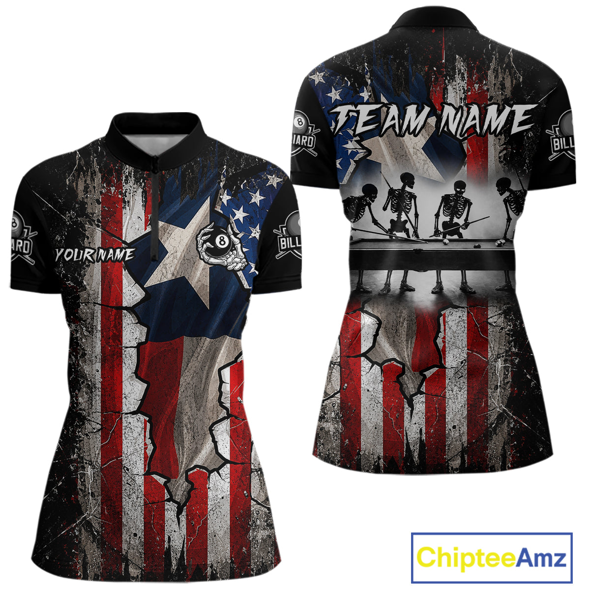 Texas Flag Billiard Pool Shirt Custom Skeleton 8 Ball Pool Team USA Patriotic Appeal