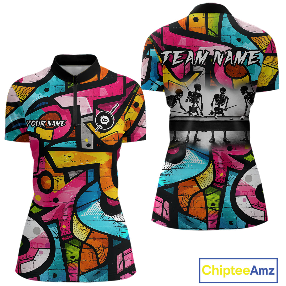 Colorful Graffiti Street Billiard Shirt Custom Skeleton 8 Ball Pool Team Appeal