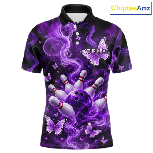 Purple Smoke Bowling Polo 1/4-Zip Shirt Custom Smoke Butterfly Bowling Jersey Bowling Uniform