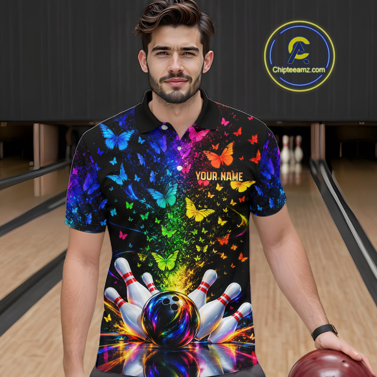 Neon Rainbow Butterfly Bowling Shirt With Name Personalized Colorful Bowling League Jersey