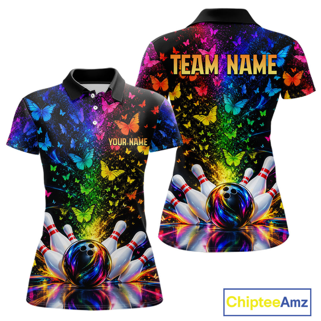 Neon Rainbow Butterfly Bowling Shirt With Name Personalized Colorful Bowling League Jersey