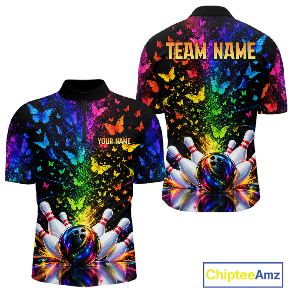 Neon Rainbow Butterfly Bowling Shirt With Name Personalized Colorful Bowling League Jersey