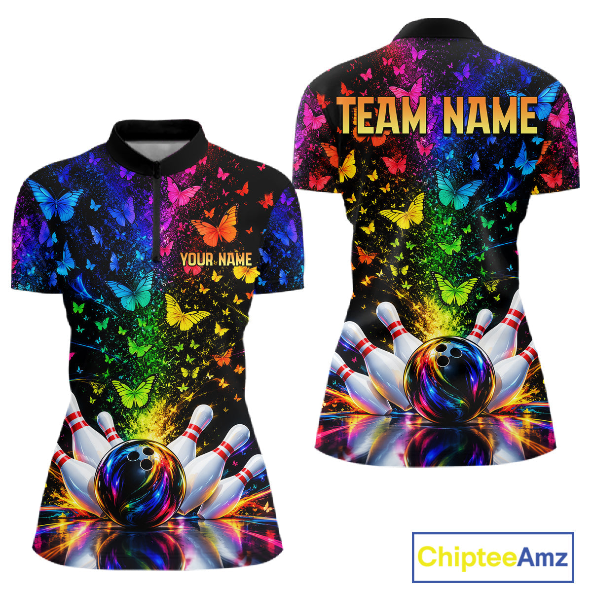 Neon Rainbow Butterfly Bowling Shirt With Name Personalized Colorful Bowling League Jersey