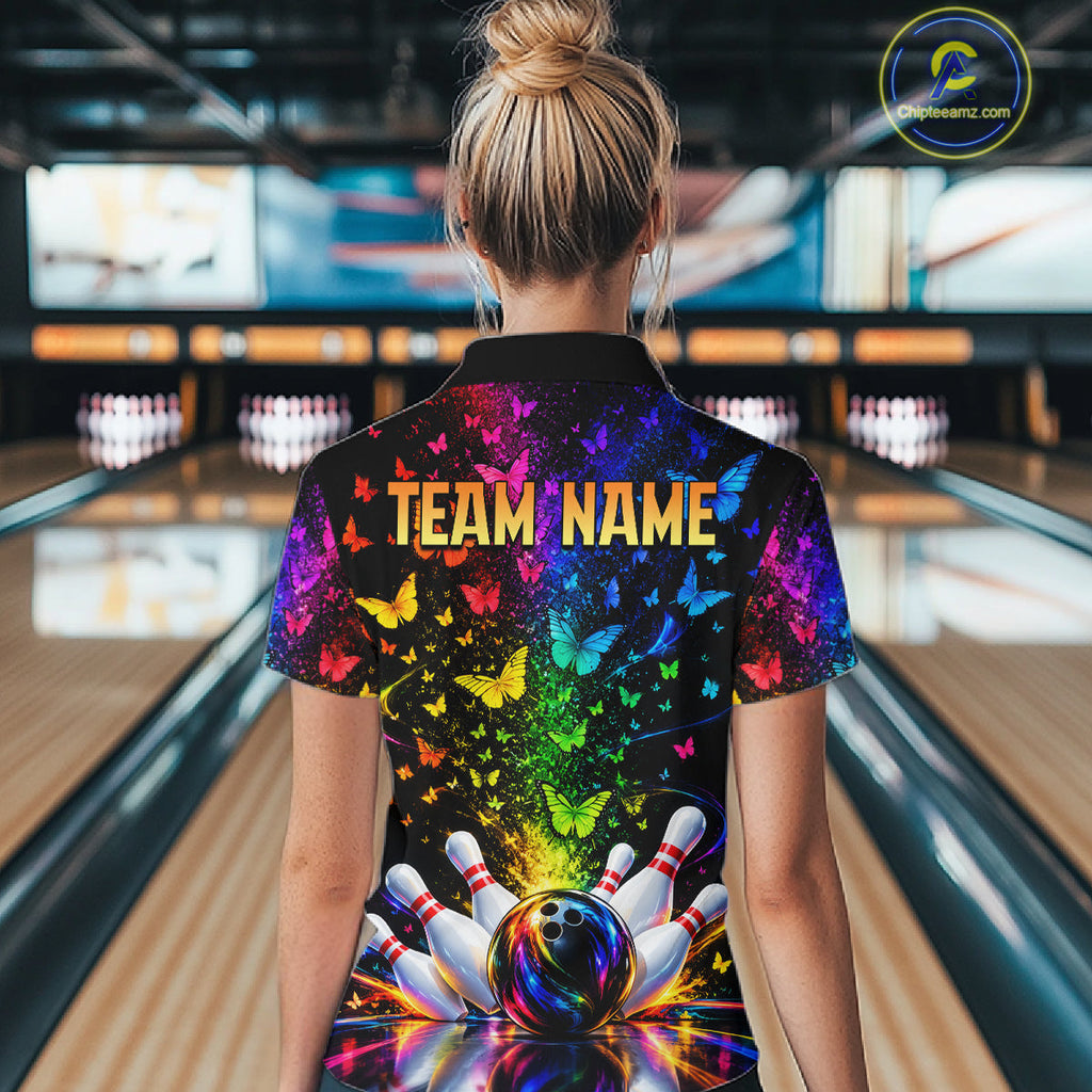 Neon Rainbow Butterfly Bowling Shirt With Name Personalized Colorful Bowling League Jersey