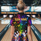 Neon Rainbow Butterfly Bowling Shirt With Name Personalized Colorful Bowling League Jersey