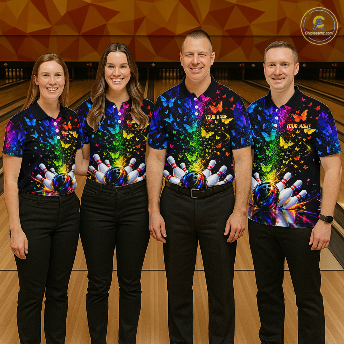 Neon Rainbow Butterfly Bowling Shirt With Name Personalized Colorful Bowling League Jersey