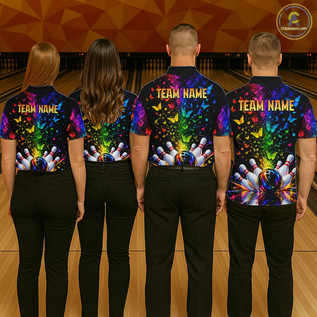 Neon Rainbow Butterfly Bowling Shirt With Name Personalized Colorful Bowling League Jersey