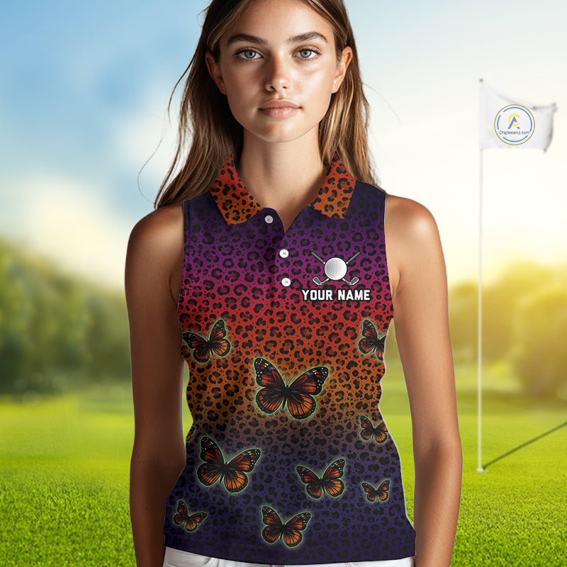 Halloween Golf Sleeveless Polo Shirt Colorful Leopard Print Custom Butterfly Team Golf Tops