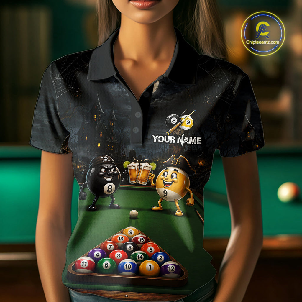 Halloween Pool Billiard Polo 1/4-Zip Shirt Custom Funny Pirate 8 & 9 Ball Pool Team Jersey