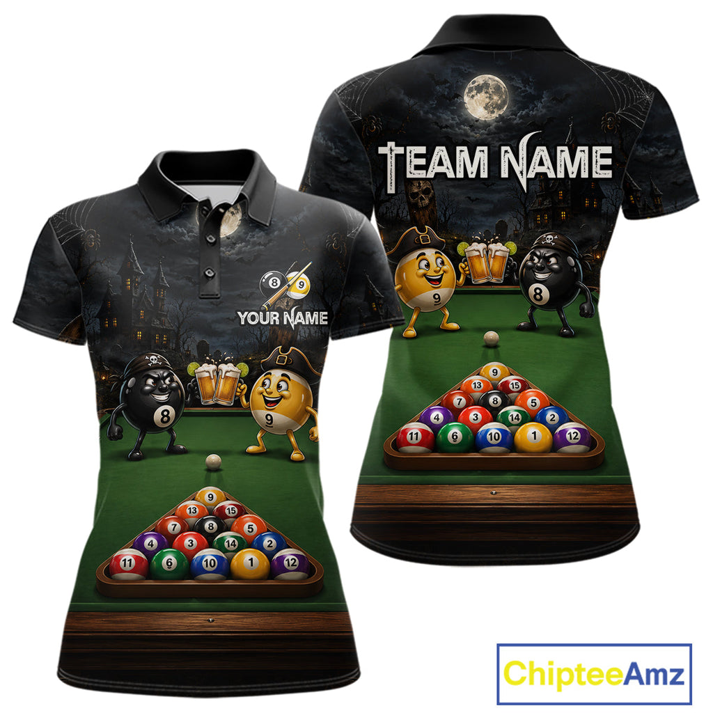 Halloween Pool Billiard Polo 1/4-Zip Shirt Custom Funny Pirate 8 & 9 Ball Pool Team Jersey