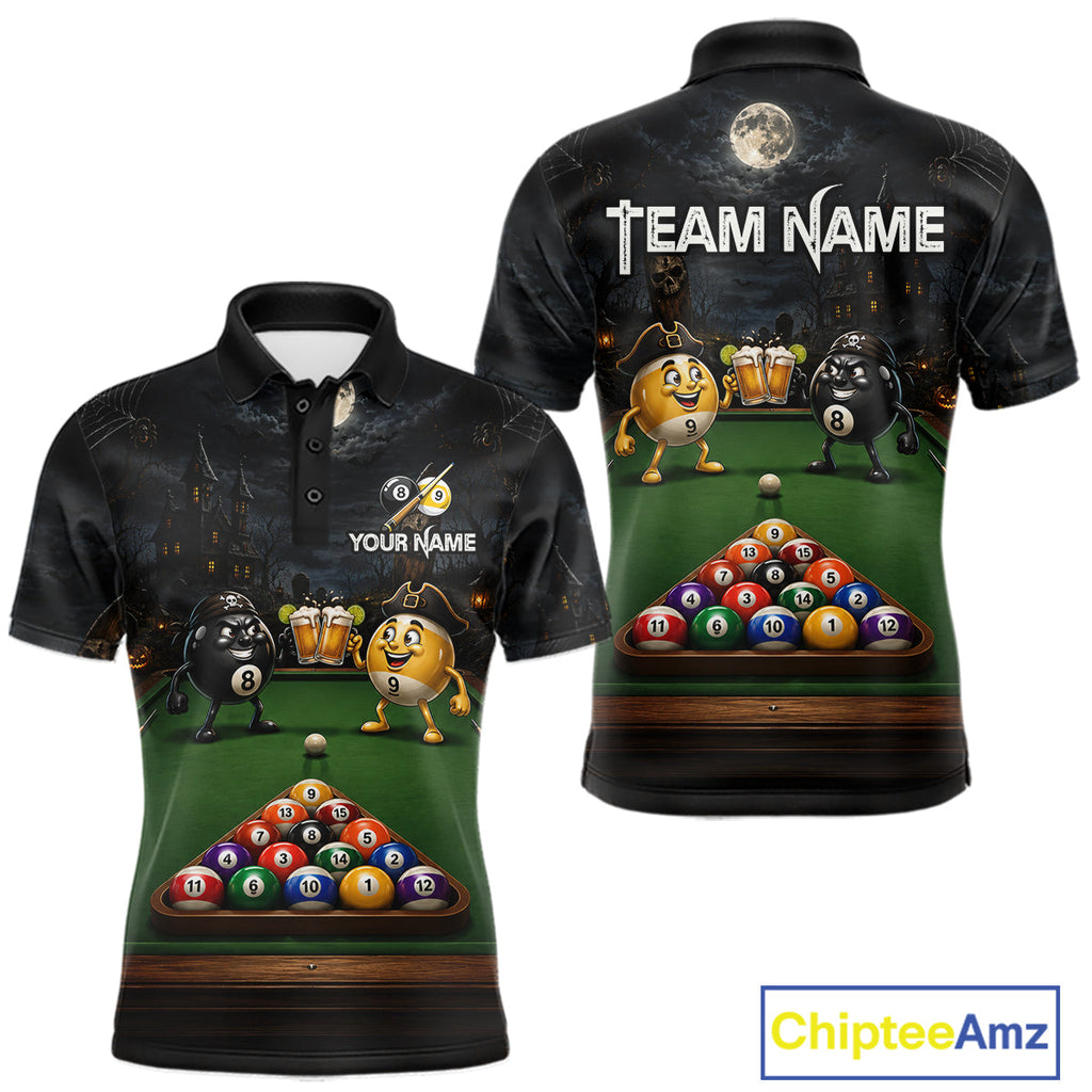 Halloween Pool Billiard Polo 1/4-Zip Shirt Custom Funny Pirate 8 & 9 Ball Pool Team Jersey