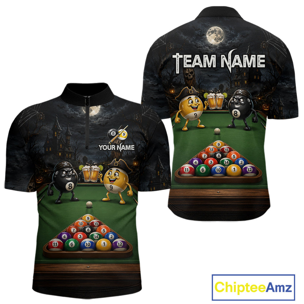 Halloween Pool Billiard Polo 1/4-Zip Shirt Custom Funny Pirate 8 & 9 Ball Pool Team Jersey