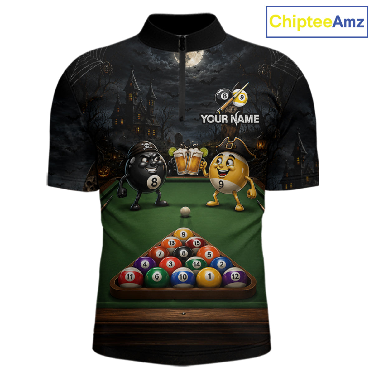 Halloween Pool Billiard Polo 1/4-Zip Shirt Custom Funny Pirate 8 & 9 Ball Pool Team Jersey