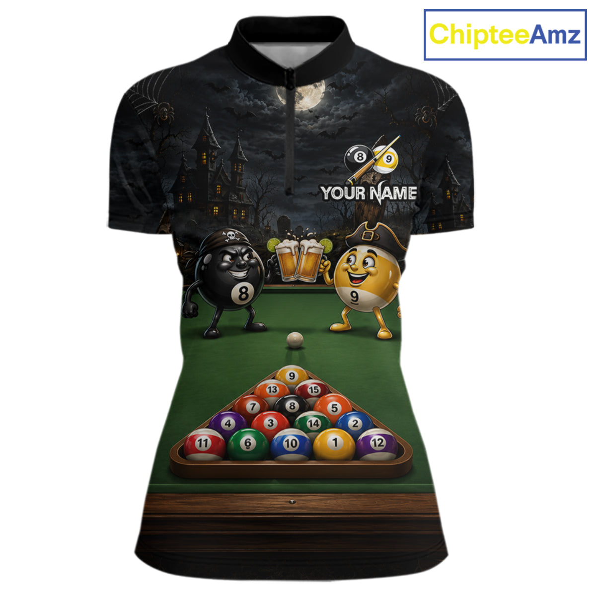 Halloween Pool Billiard Polo 1/4-Zip Shirt Custom Funny Pirate 8 & 9 Ball Pool Team Jersey