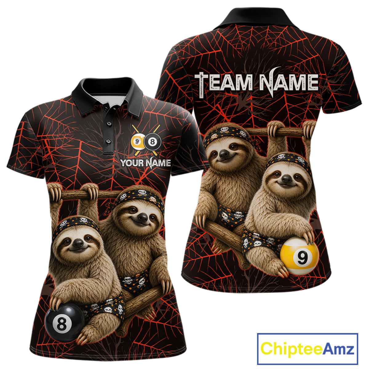 Custom Bandana Sloth Billiards Shirt Personalized 8-Ball & 9-Ball Halloween Pool Team Jersey