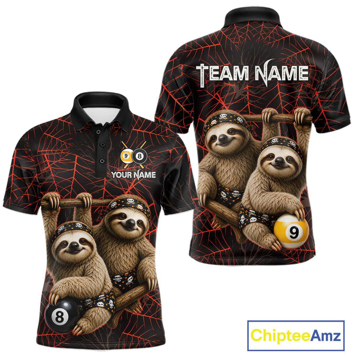 Custom Bandana Sloth Billiards Shirt Personalized 8-Ball & 9-Ball Halloween Pool Team Jersey