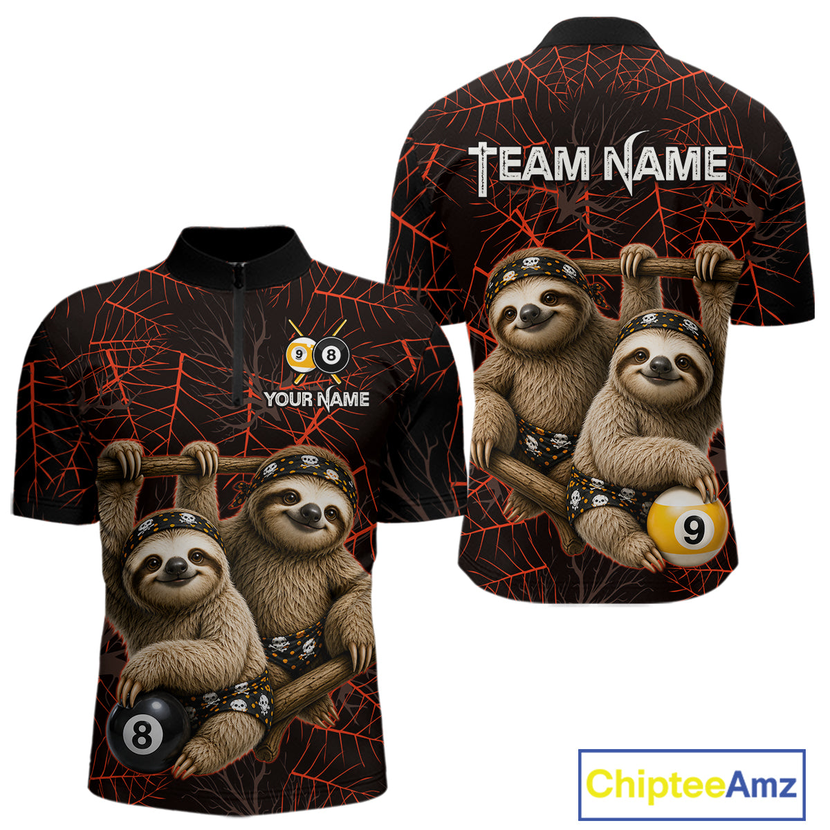 Custom Bandana Sloth Billiards Shirt Personalized 8-Ball & 9-Ball Halloween Pool Team Jersey