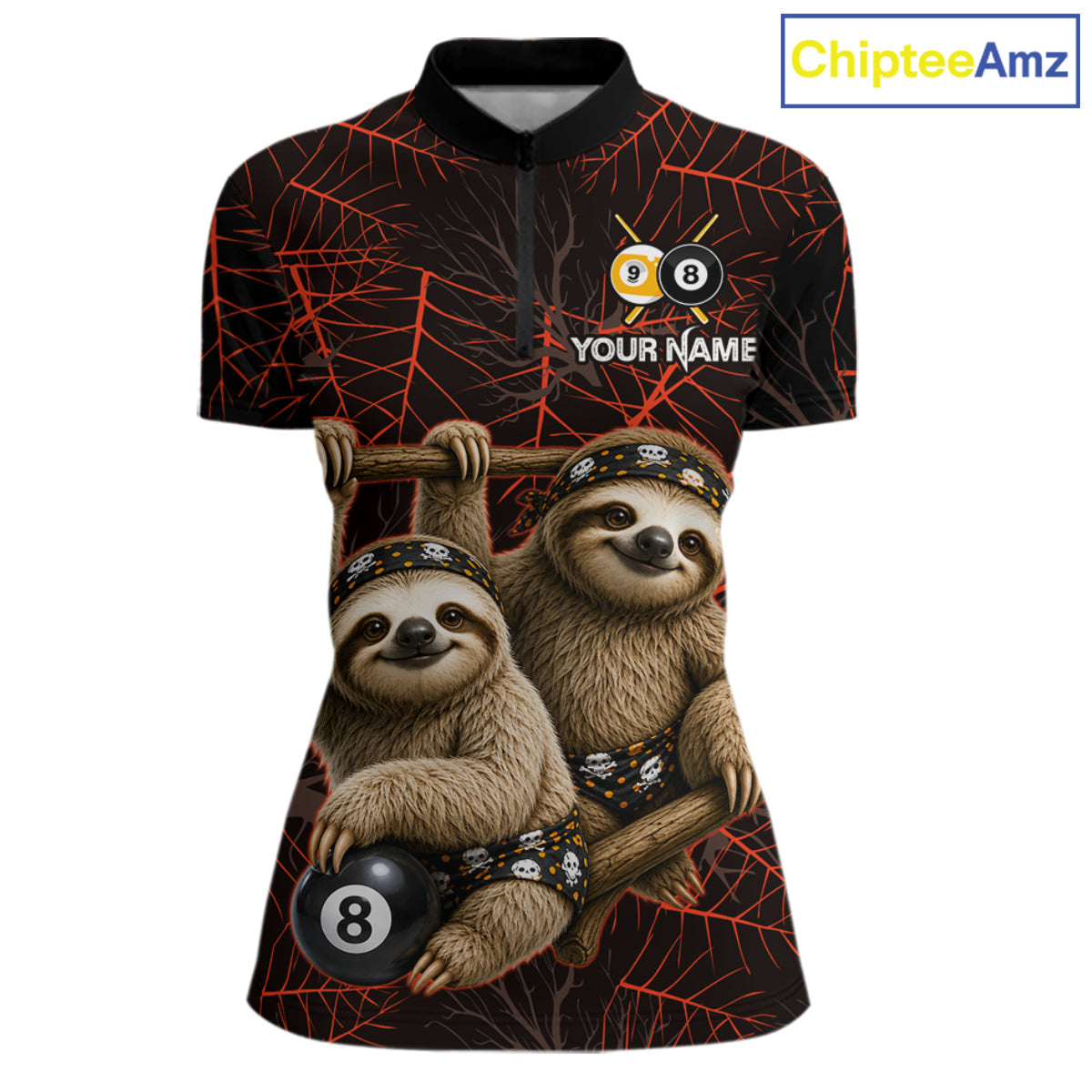 Custom Bandana Sloth Billiards Shirt Personalized 8-Ball & 9-Ball Halloween Pool Team Jersey