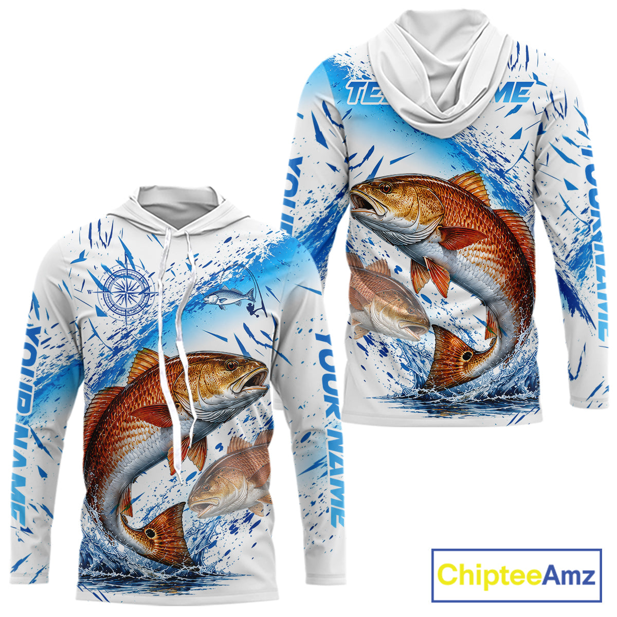 Custom Name Redfish Splash Fishing Performance Shirt, Compass Red Drum Angler Apparel
