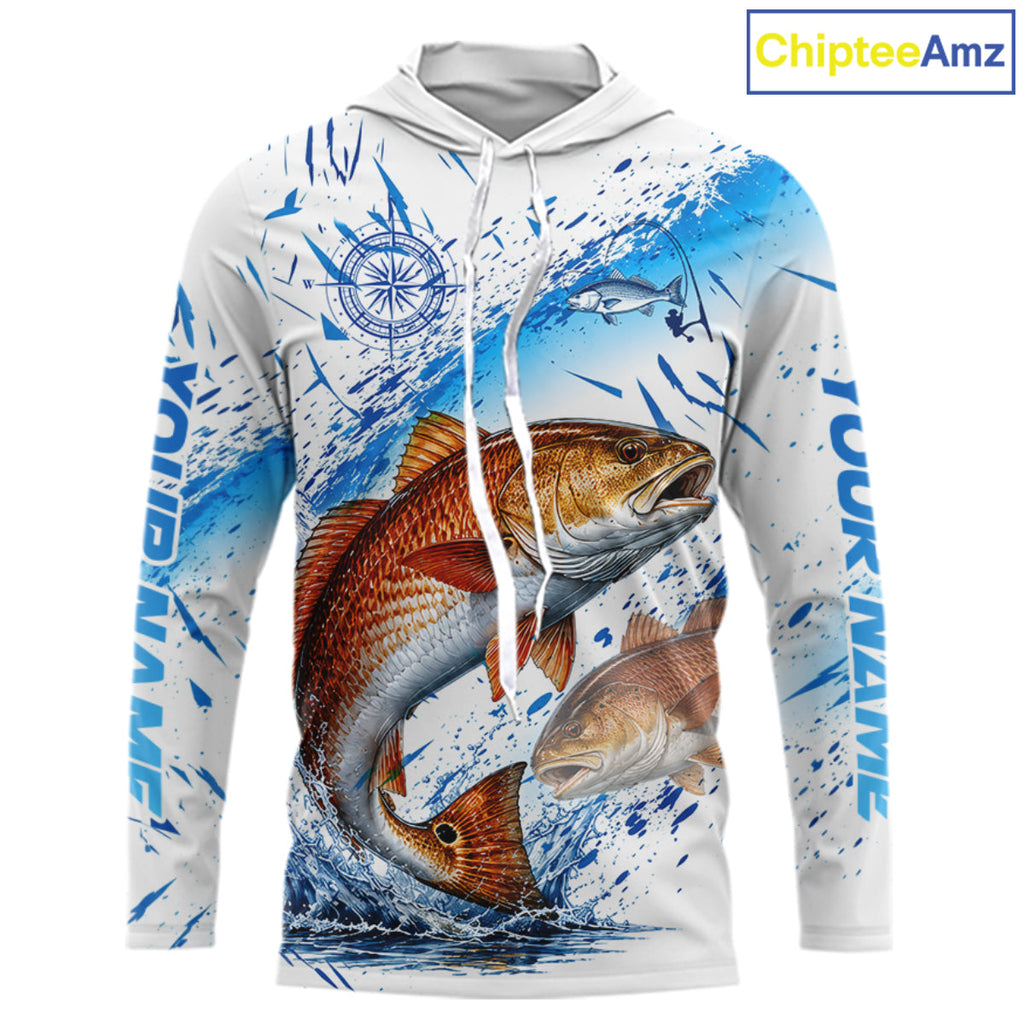 Custom Name Redfish Splash Fishing Performance Shirt, Compass Red Drum Angler Apparel