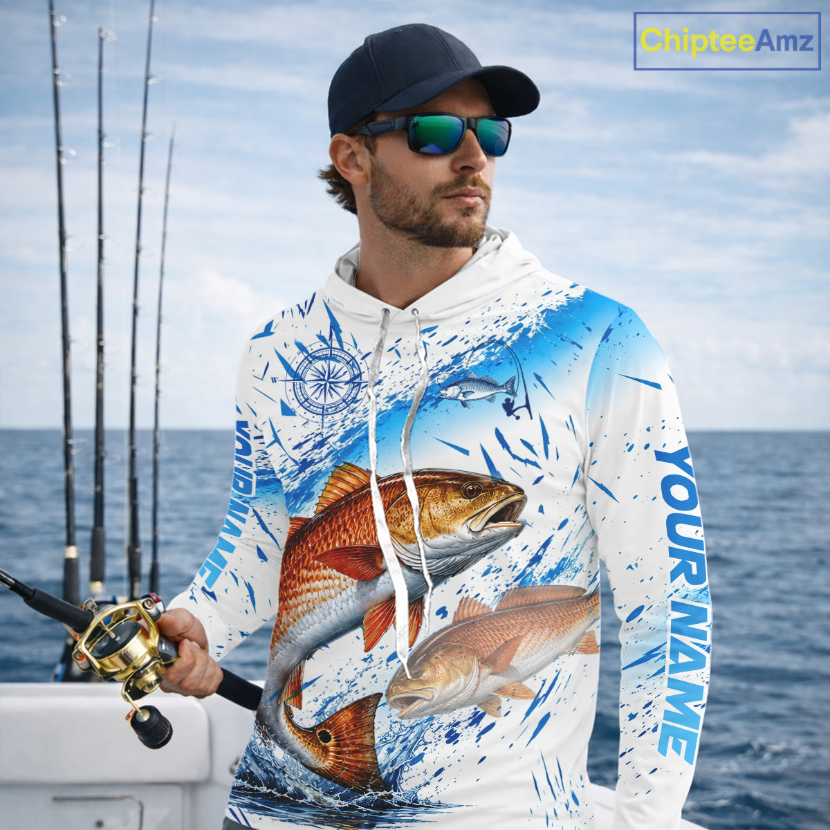 Custom Name Redfish Splash Fishing Performance Shirt, Compass Red Drum Angler Apparel