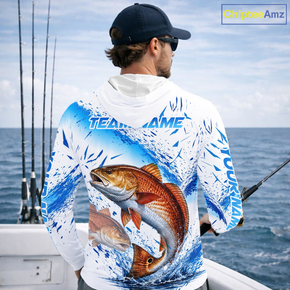 Custom Name Redfish Splash Fishing Performance Shirt, Compass Red Drum Angler Apparel