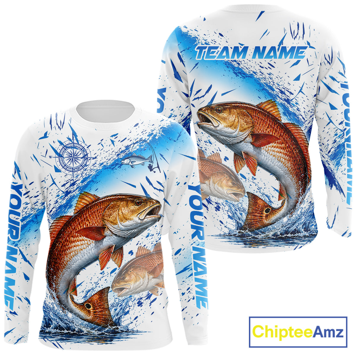 Custom Name Redfish Splash Fishing Performance Shirt, Compass Red Drum Angler Apparel