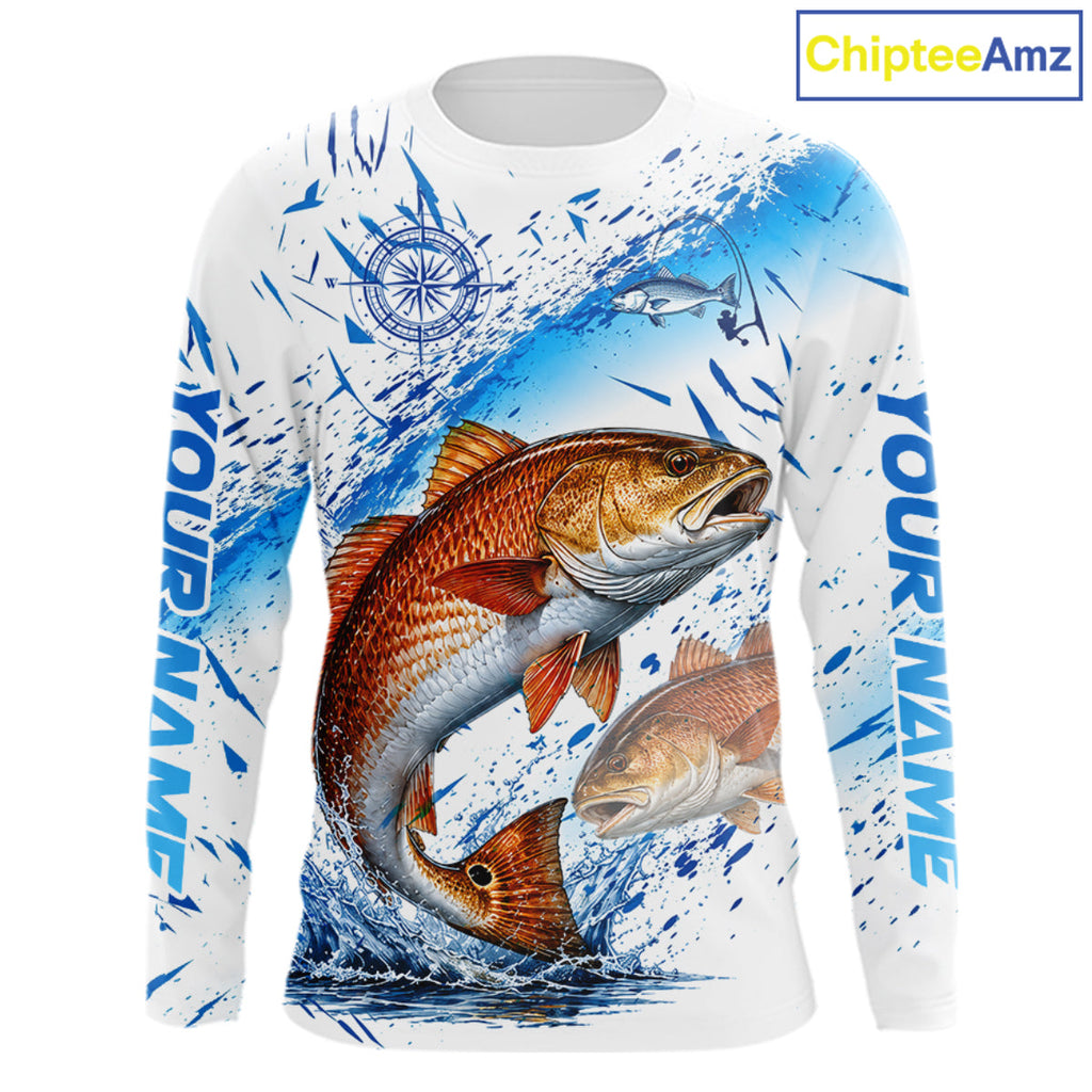 Custom Name Redfish Splash Fishing Performance Shirt, Compass Red Drum Angler Apparel