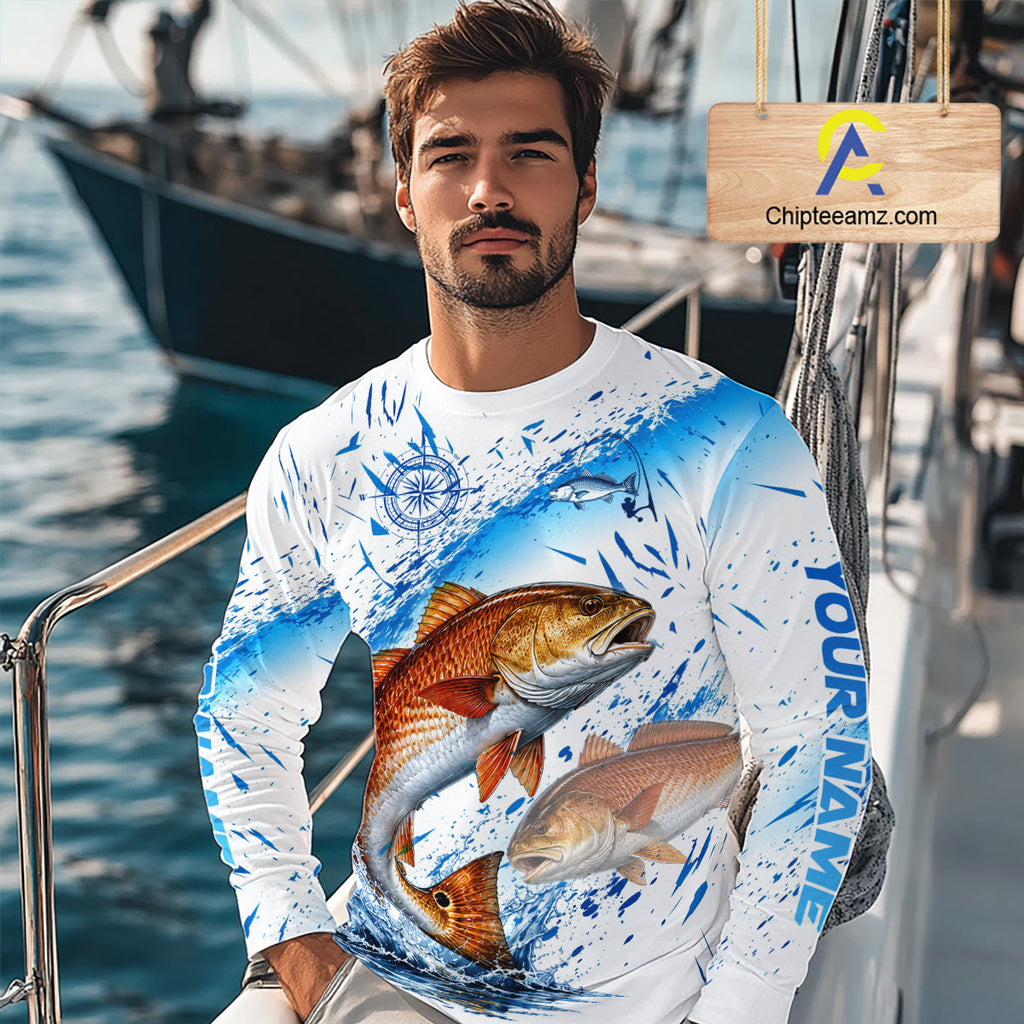 Custom Name Redfish Splash Fishing Performance Shirt, Compass Red Drum Angler Apparel