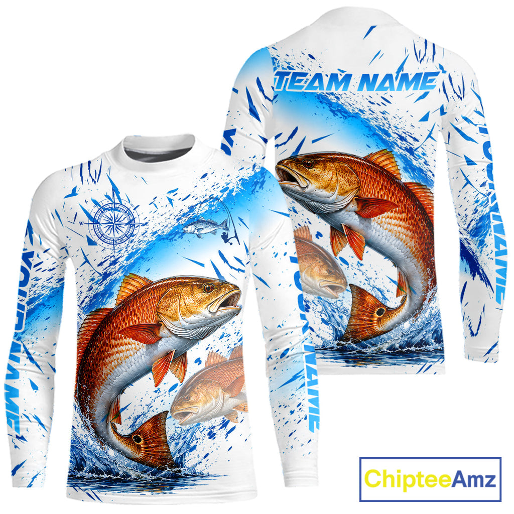 Custom Name Redfish Splash Fishing Performance Shirt, Compass Red Drum Angler Apparel