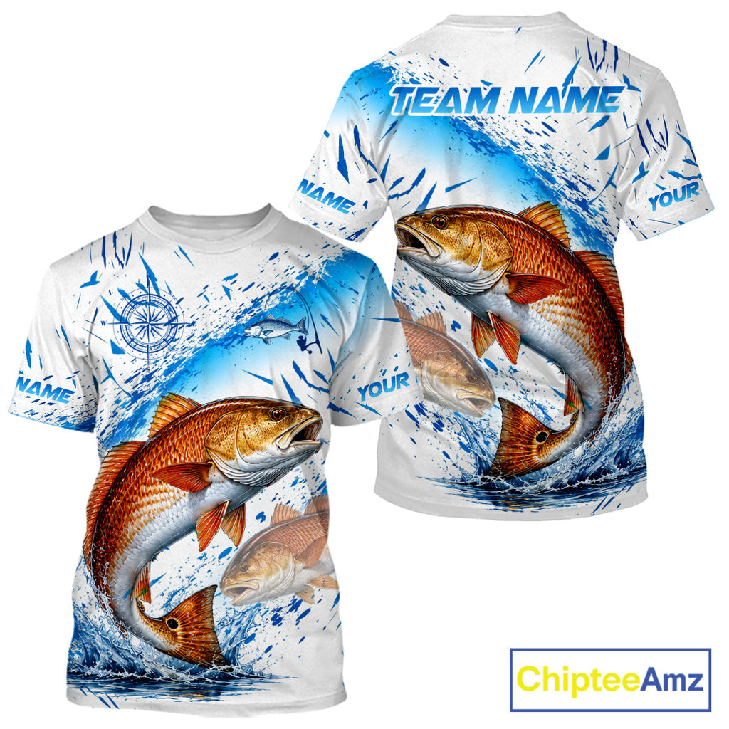 Custom Name Redfish Splash Fishing Performance Shirt, Compass Red Drum Angler Apparel