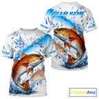 Custom Name Redfish Splash Fishing Performance Shirt, Compass Red Drum Angler Apparel