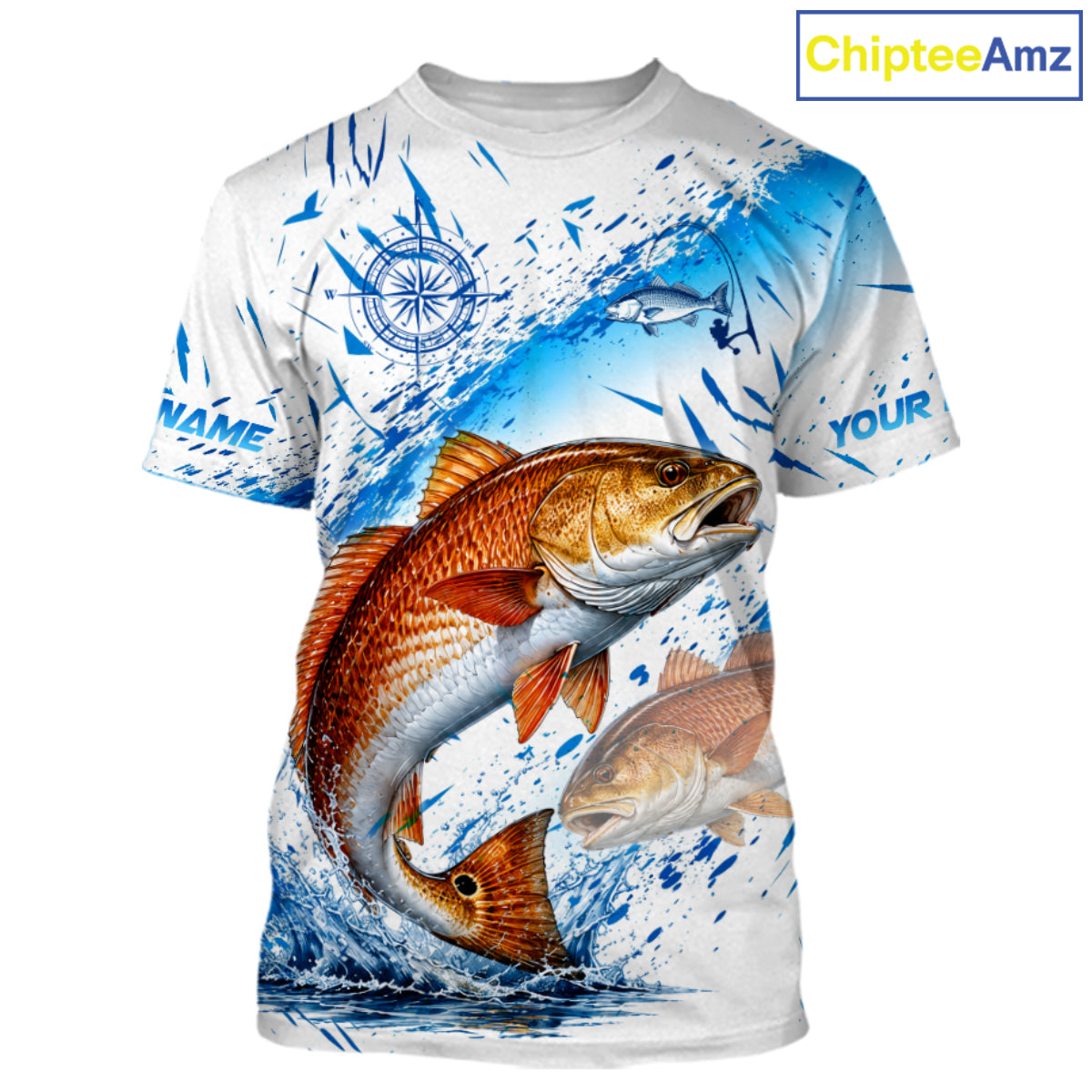 Custom Name Redfish Splash Fishing Performance Shirt, Compass Red Drum Angler Apparel