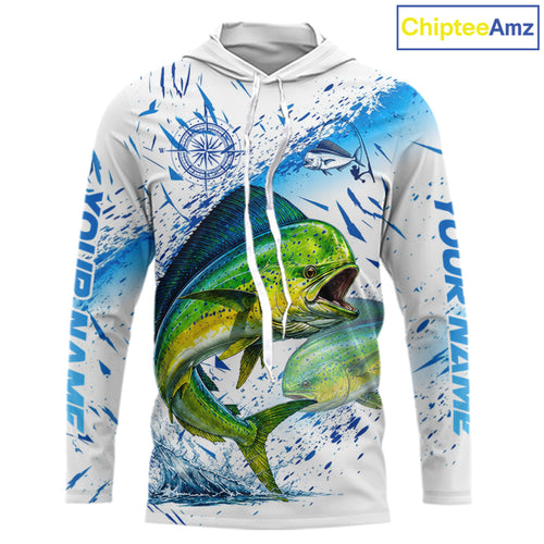 Custom Name Mahi Mahi Splash Fishing Performance Shirt, Compass Personalized Fisherman Gifts