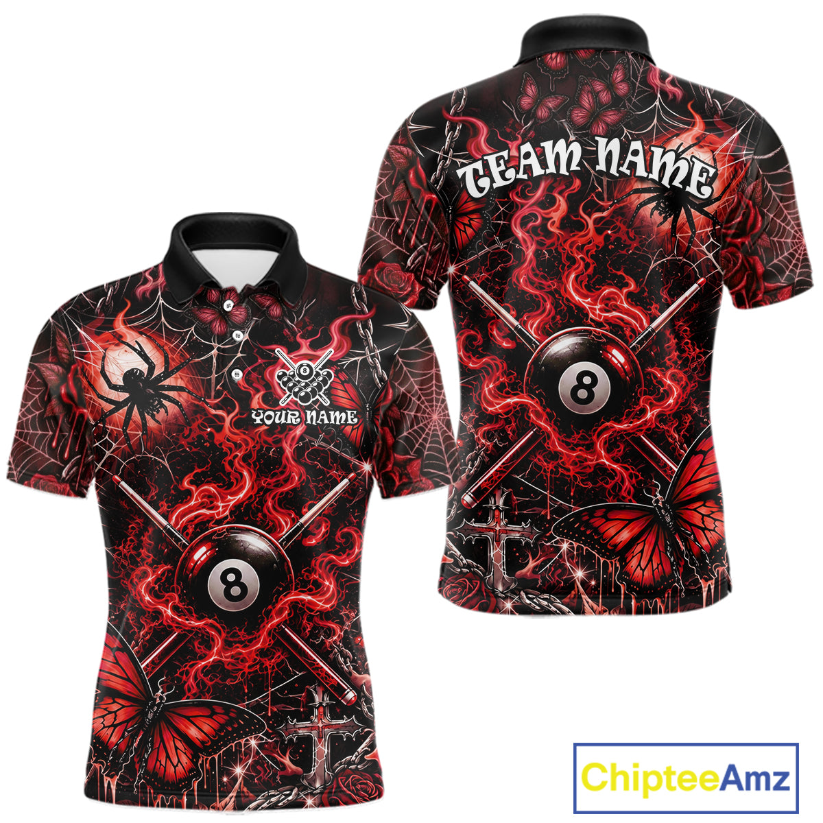 Personalized 8 Ball Red Smoke Billiard Team Name Shirt Gothic Spider Butterfly Pool Ball Billiard