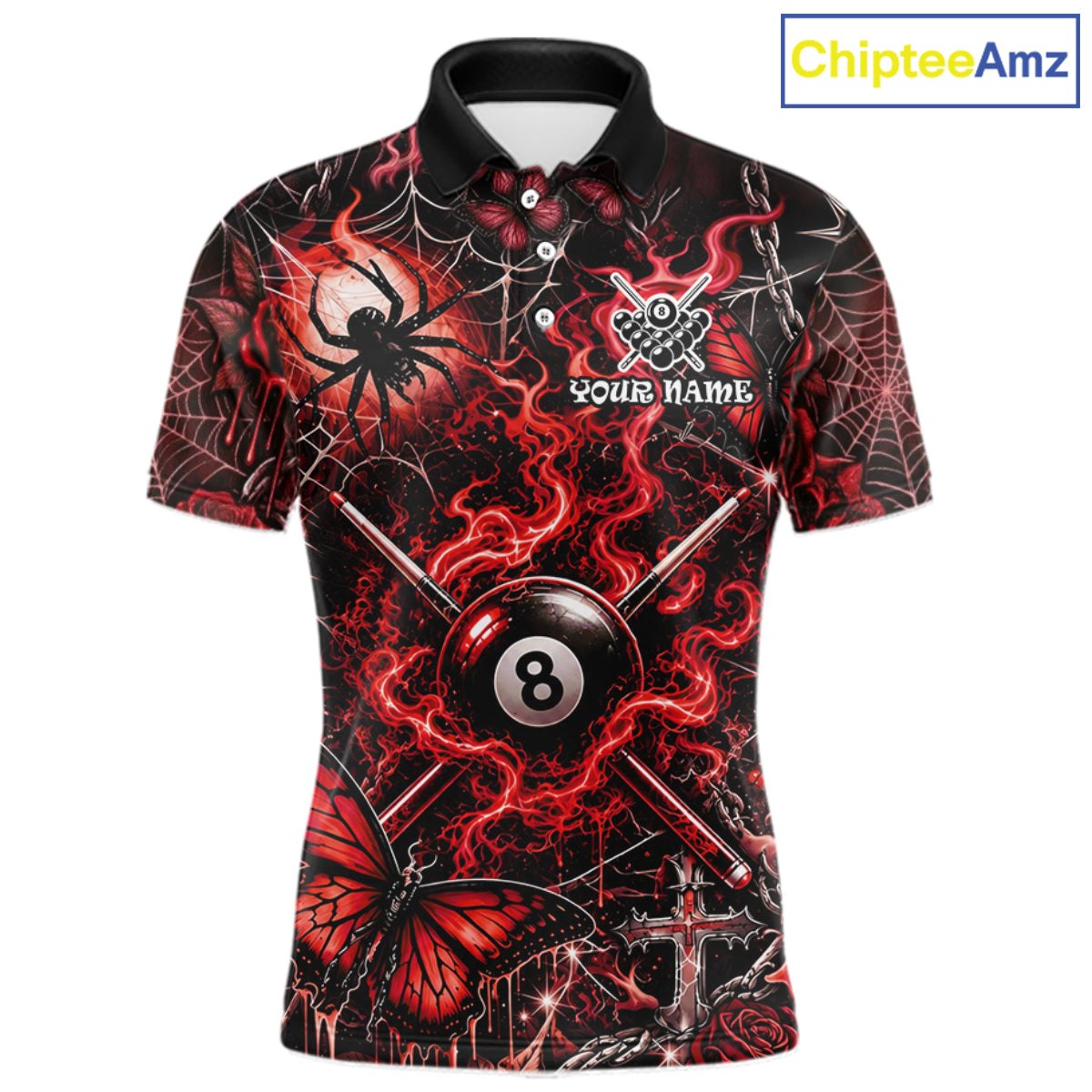 Personalized 8 Ball Red Smoke Billiard Team Name Shirt Gothic Spider Butterfly Pool Ball Billiard