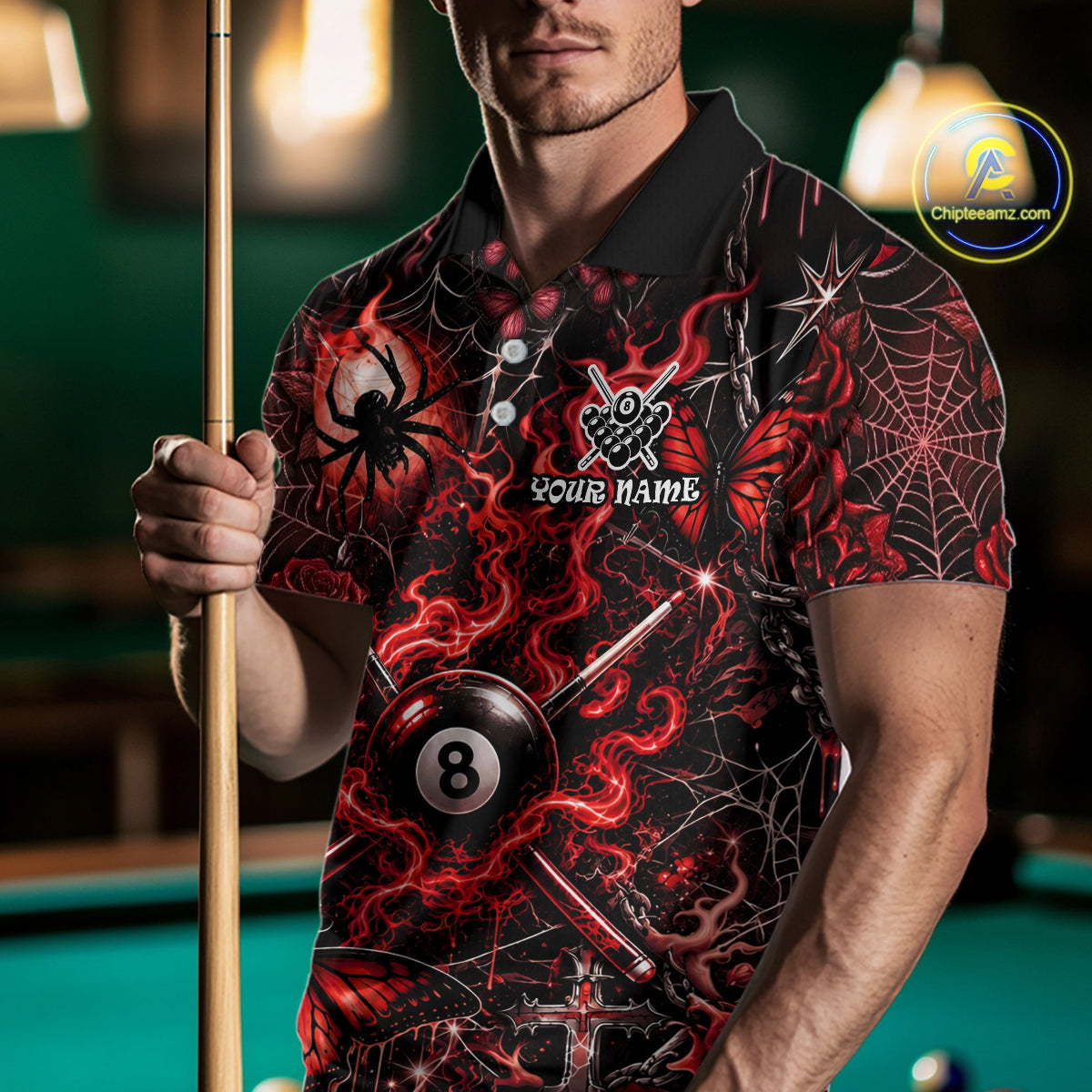 Personalized 8 Ball Red Smoke Billiard Team Name Shirt Gothic Spider Butterfly Pool Ball Billiard